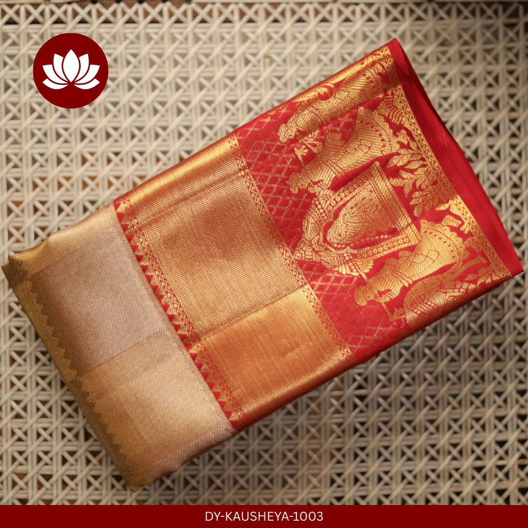 Cream Silk Tissue Saree with Red Kalyana Border