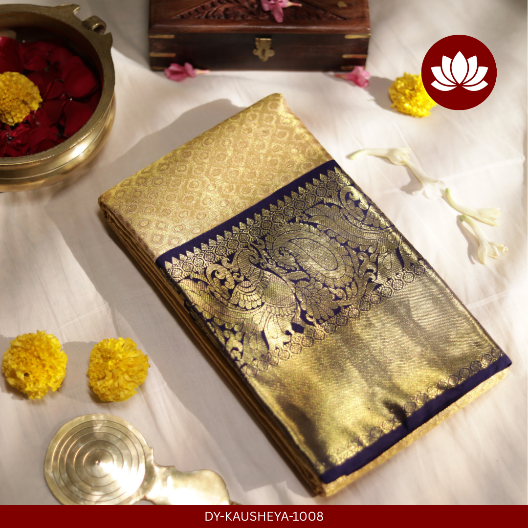 Vivaha Series: Off-White Silk Tissue Saree with Indigo Peacock Border