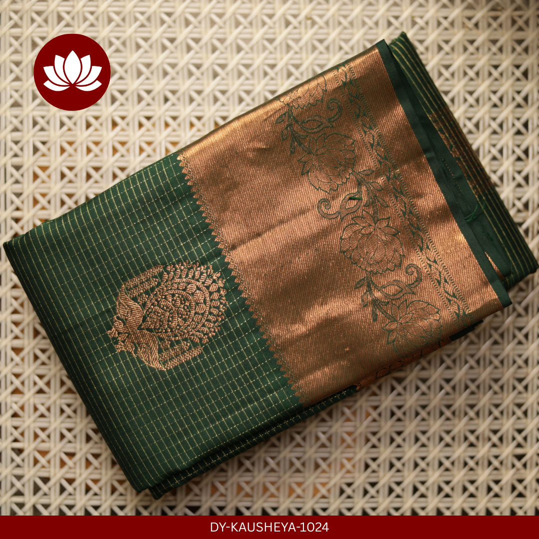 Dark Green Pure Silk Saree with Bronze-Gold Border