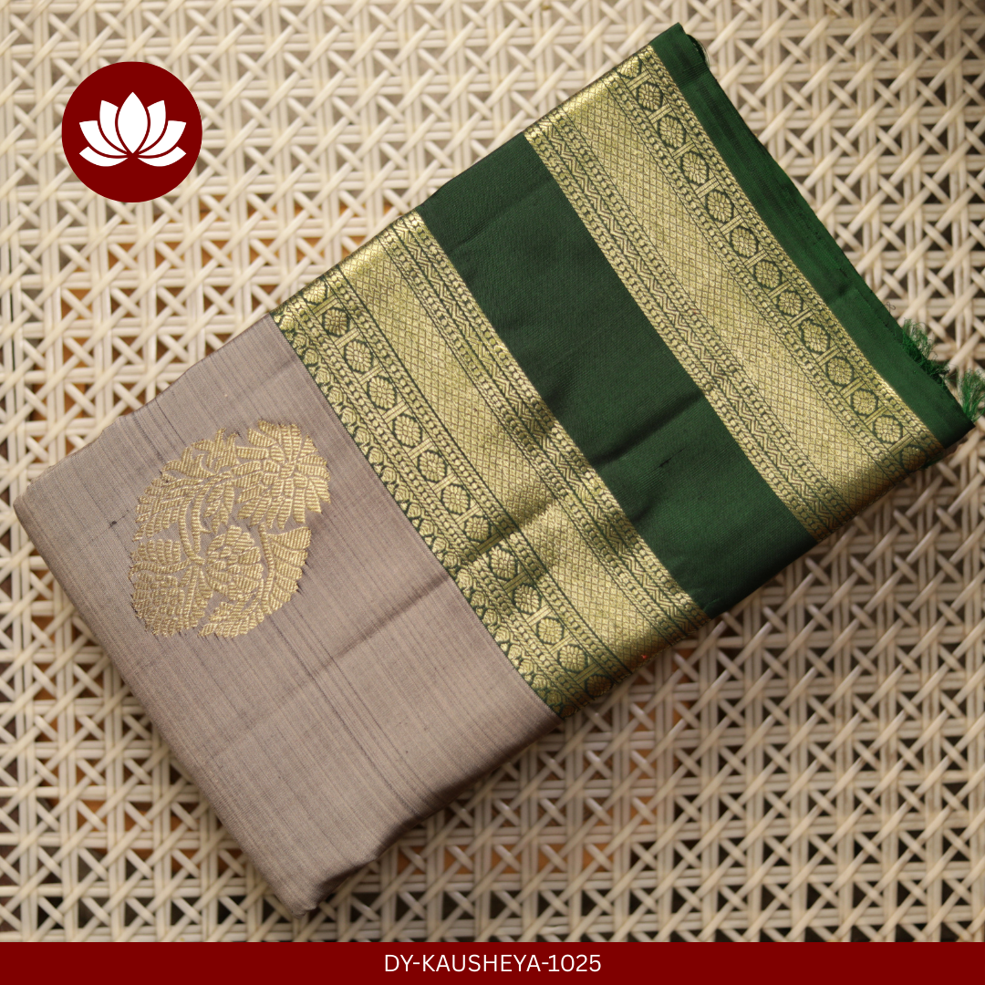 Grey Pure Silk Saree with Dark Green Border