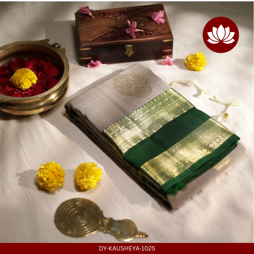 Prachina Series: Grey Pure Silk Saree with Dark Green Border