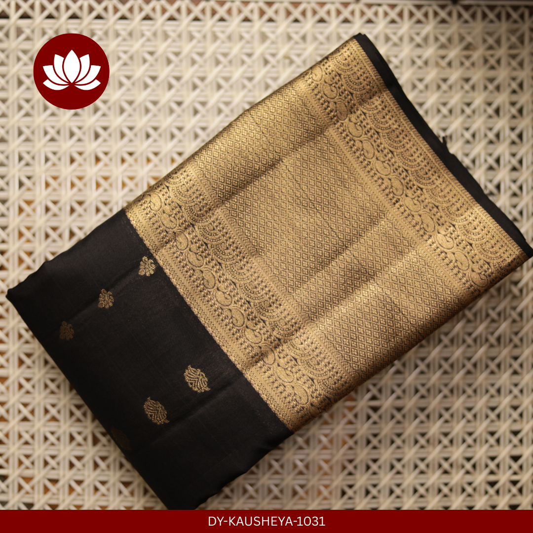 Black Pure Silk Saree with Bronze-Gold Border