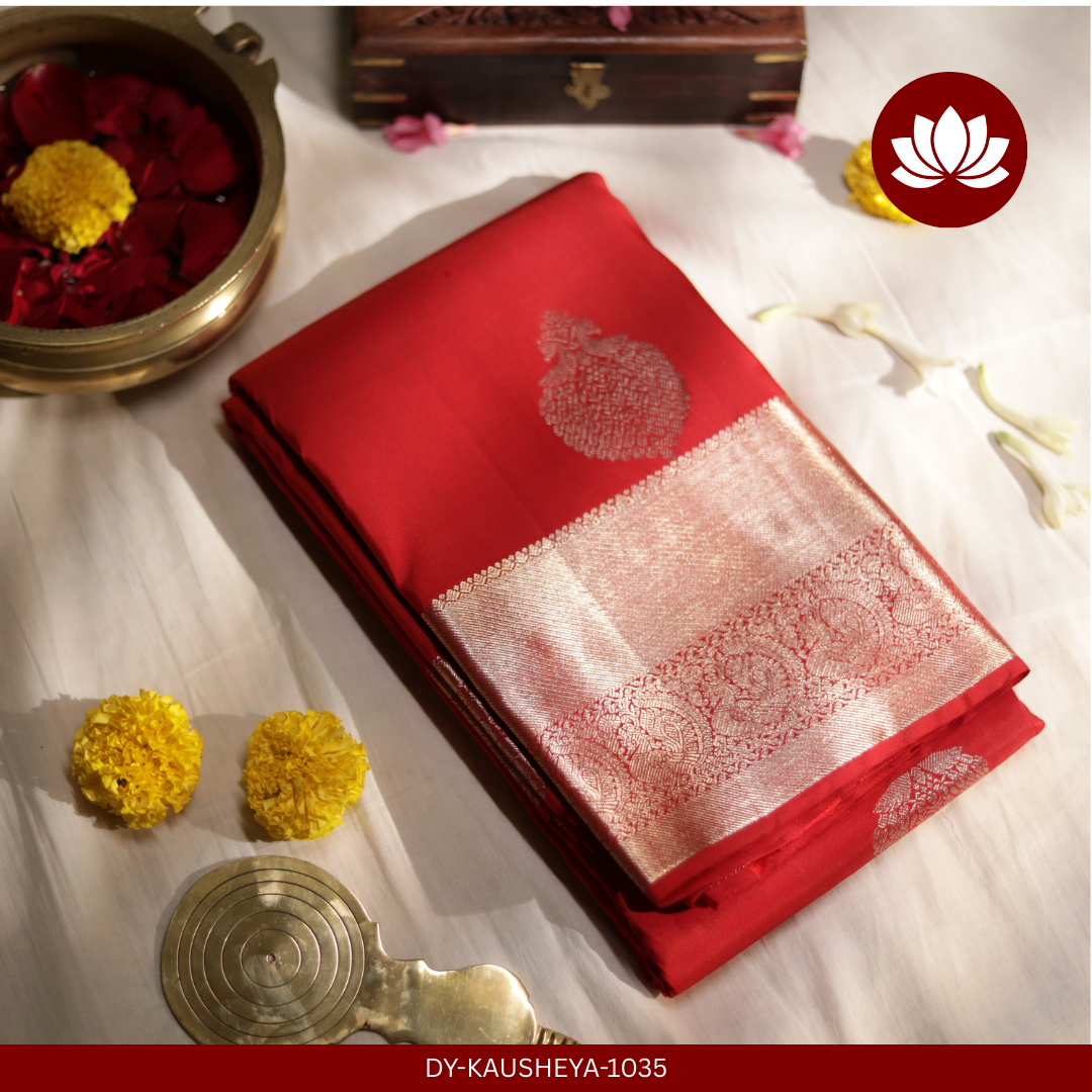 Lalitha Series: Full Red Pure Silk Saree with a Silver-Gold Border