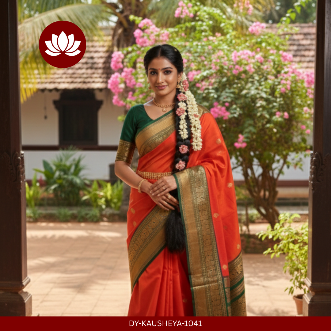 Parampara Series: Crimson Red/Orange Kanchipuram Pure Silk Saree with Green Vintage Border.