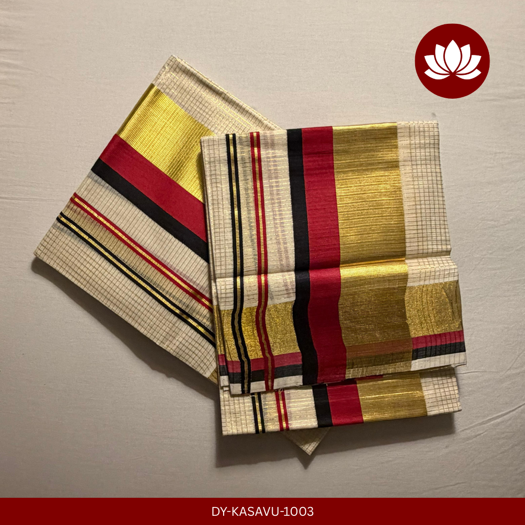 Kasavu Series: Micro Check Reddish Maroon and Black Kara with Golden Kasavu Set Mund Single 2.8m