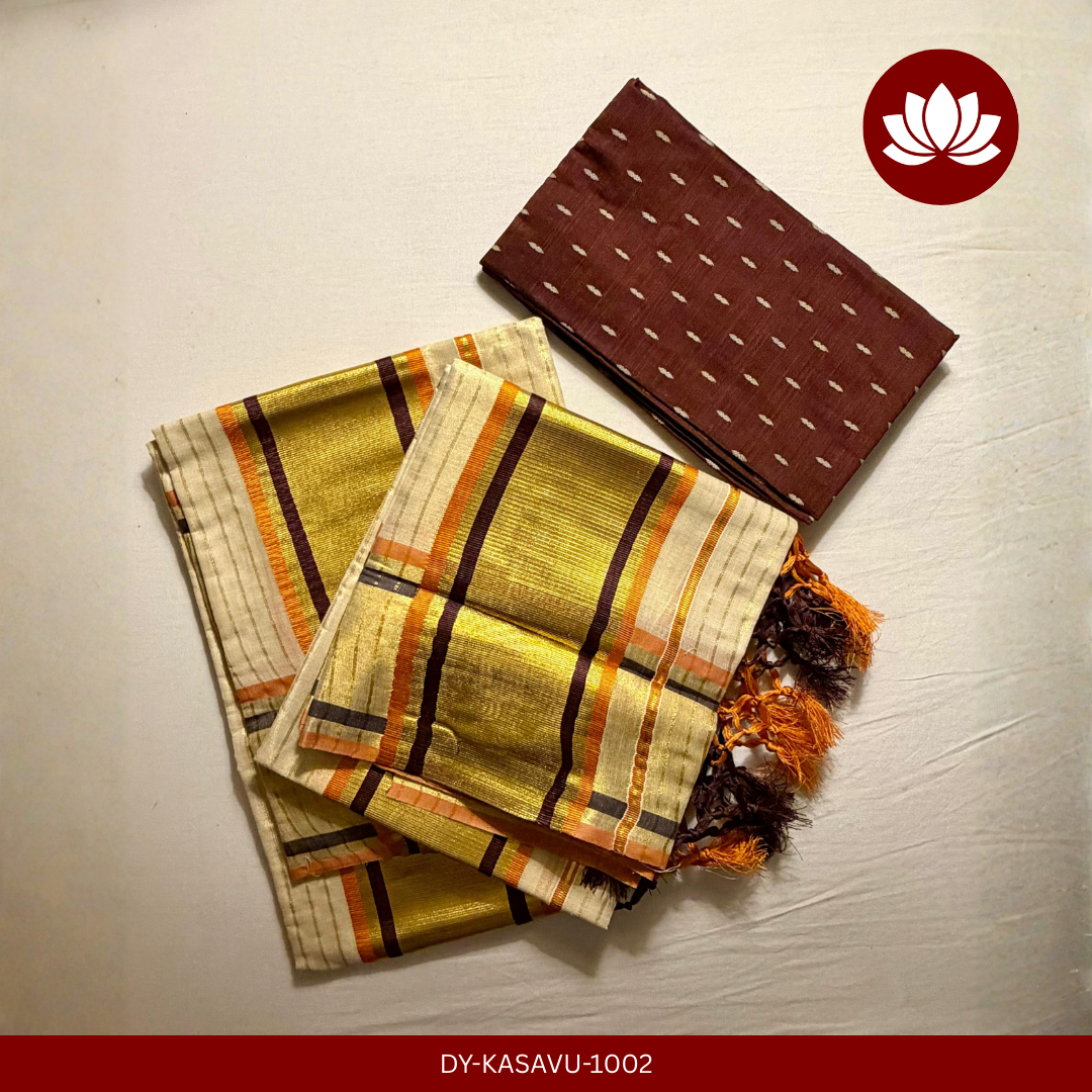 Kasavu Series: Tissue Fancy Line Set Mund with Tussels Orange and Brown Single 2.8m with Brown Blouse Piece of 1m