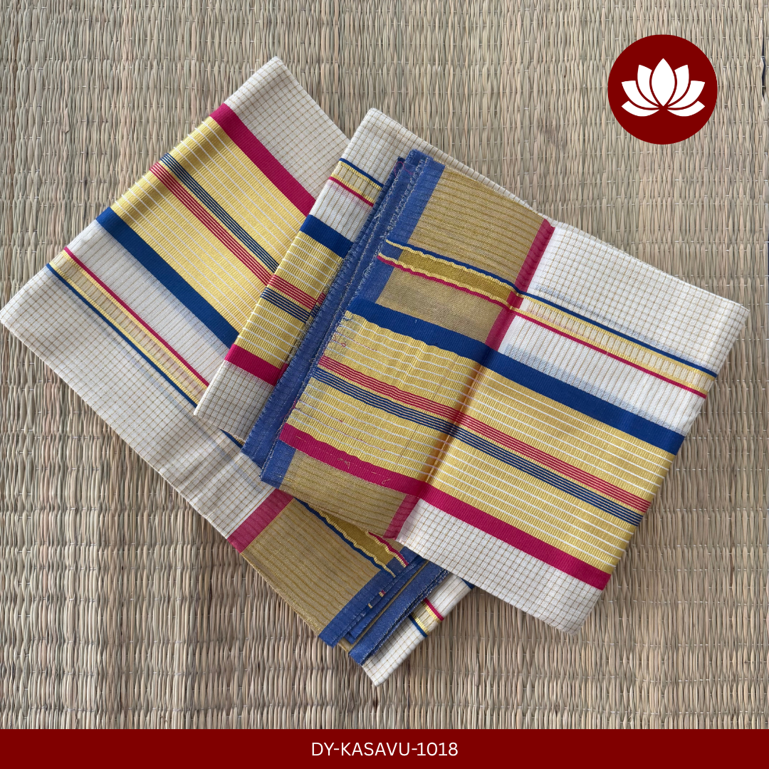 Kasavu Series: Micro Check Set Mund Blue and Red with Kasavu Border 2.8m