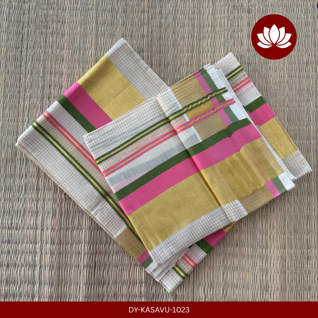 Kasavu Series: Checked Set Mund Light Pink and Green with Kasavu Border 2.8m