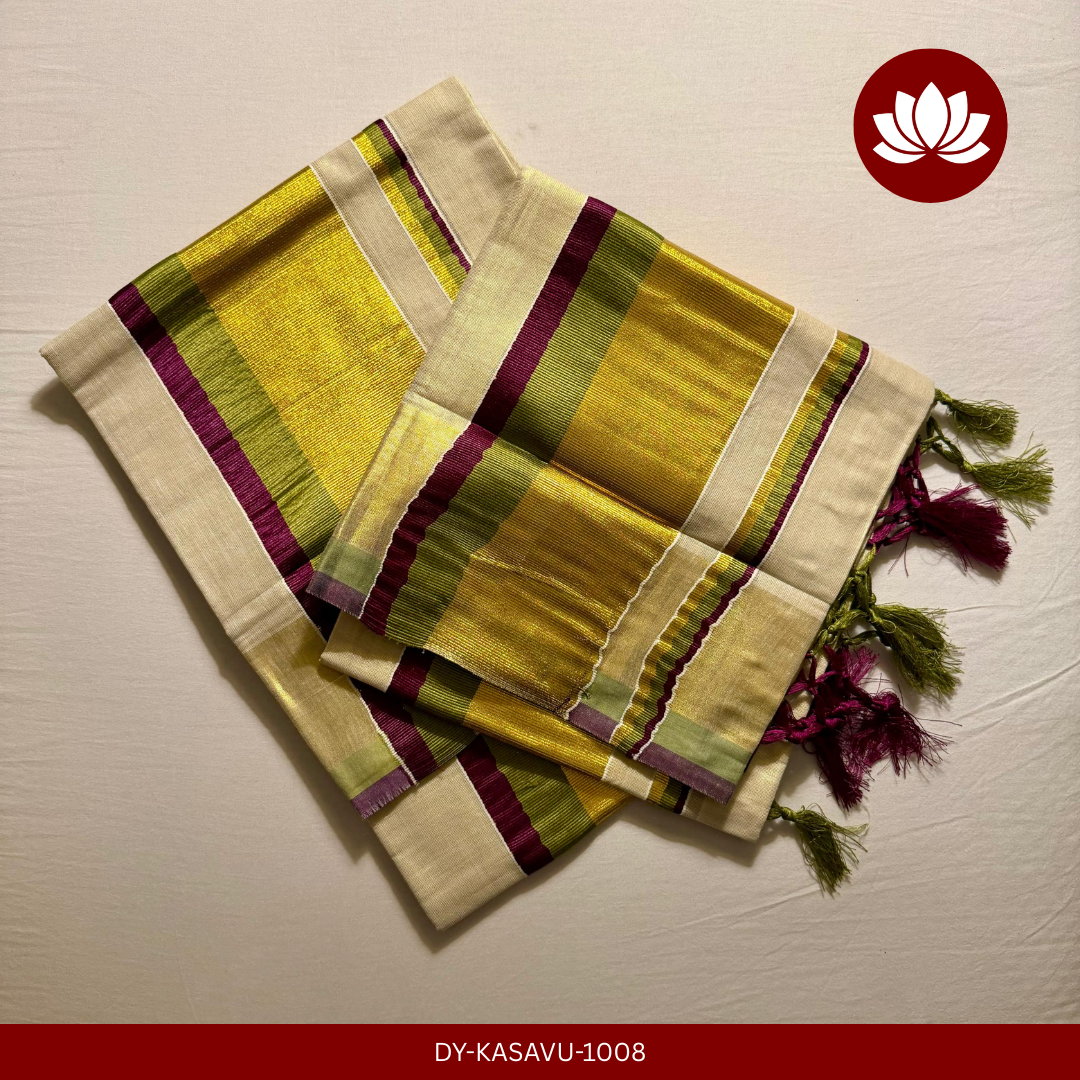 Kasavu Series:Green and Violet and Golden Broad Kasavu Set Mund, Single, 2.8mt