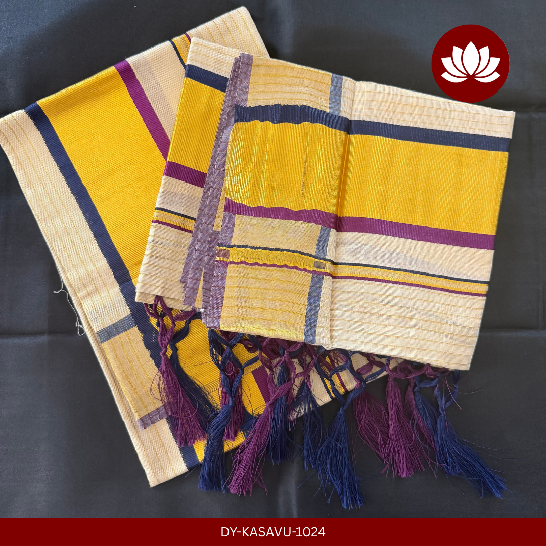 Kasavu Series: Golden Lined Violet and Dark Blue Kasavu Set Mund 2.8m
