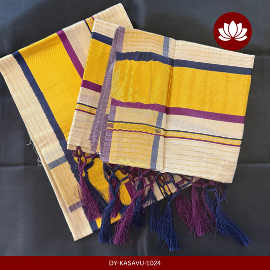 Kasavu Series: Golden Lined Violet and Dark Blue Kasavu Set Mund 2.8m