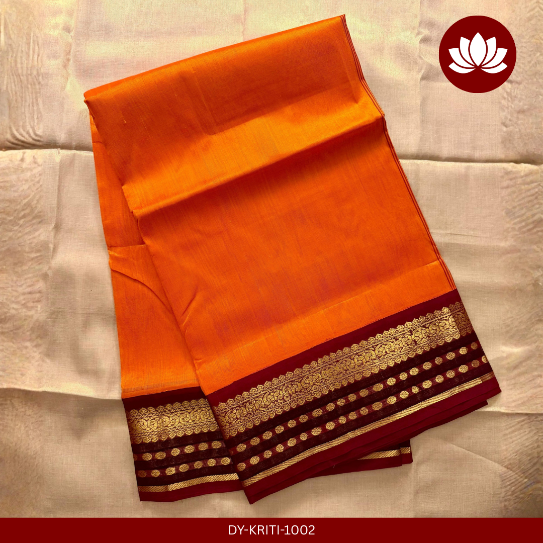 Kriti Series: Mustard Yellow with Dark Maroon & Brown Border Cotton-Silk Saree