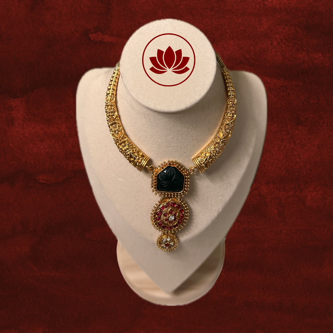 Parampara Series: Green and Ruby Stone Necklace and Earring Set