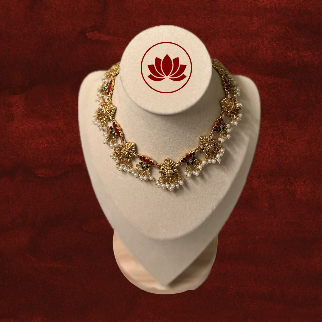 Tamara Series: Lakshmi and Lotus with Pearl Hangings Necklace and Earring Set