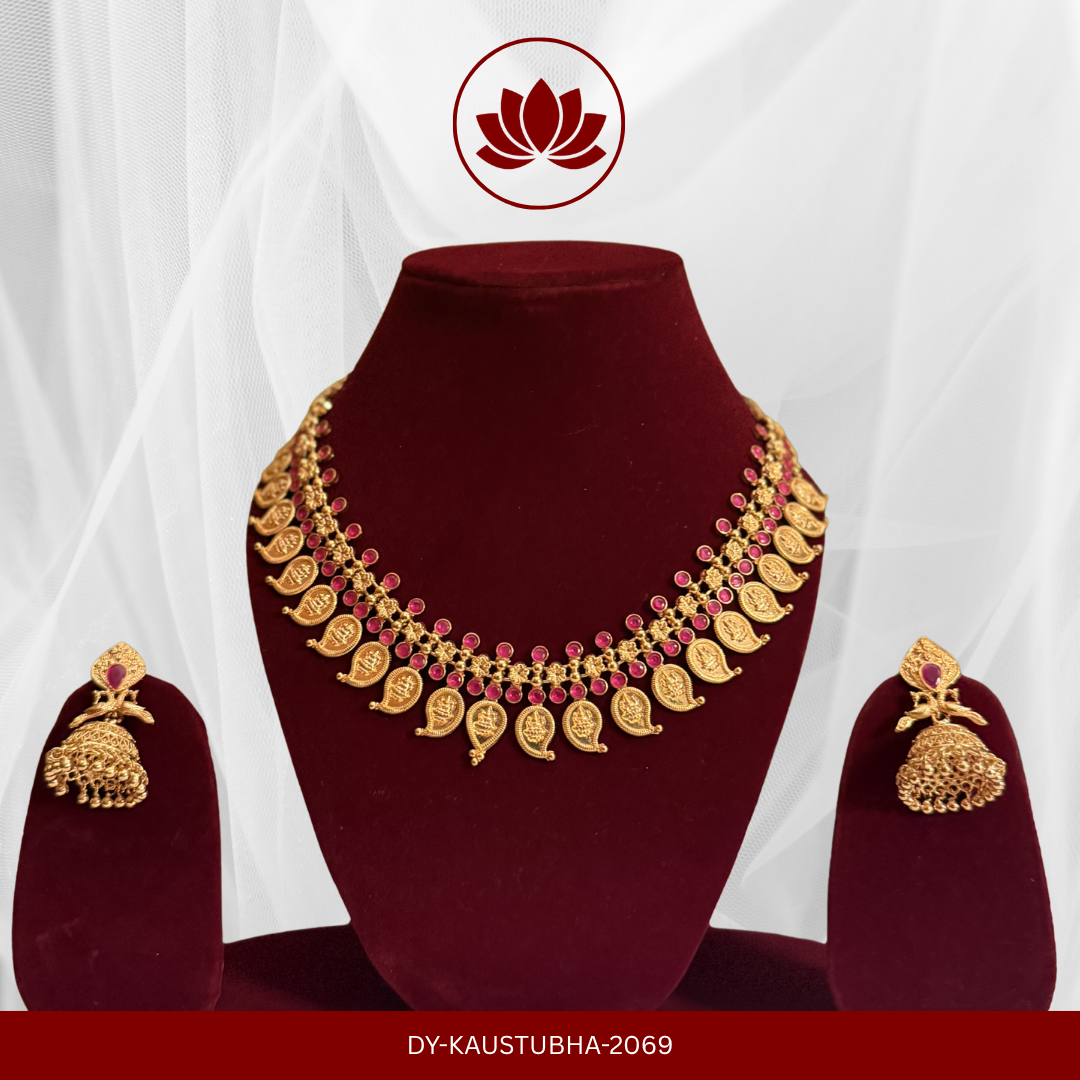 Parmpara Series: Gold Tone Light Ruby Lakshmi Mango Necklace and Earring Set