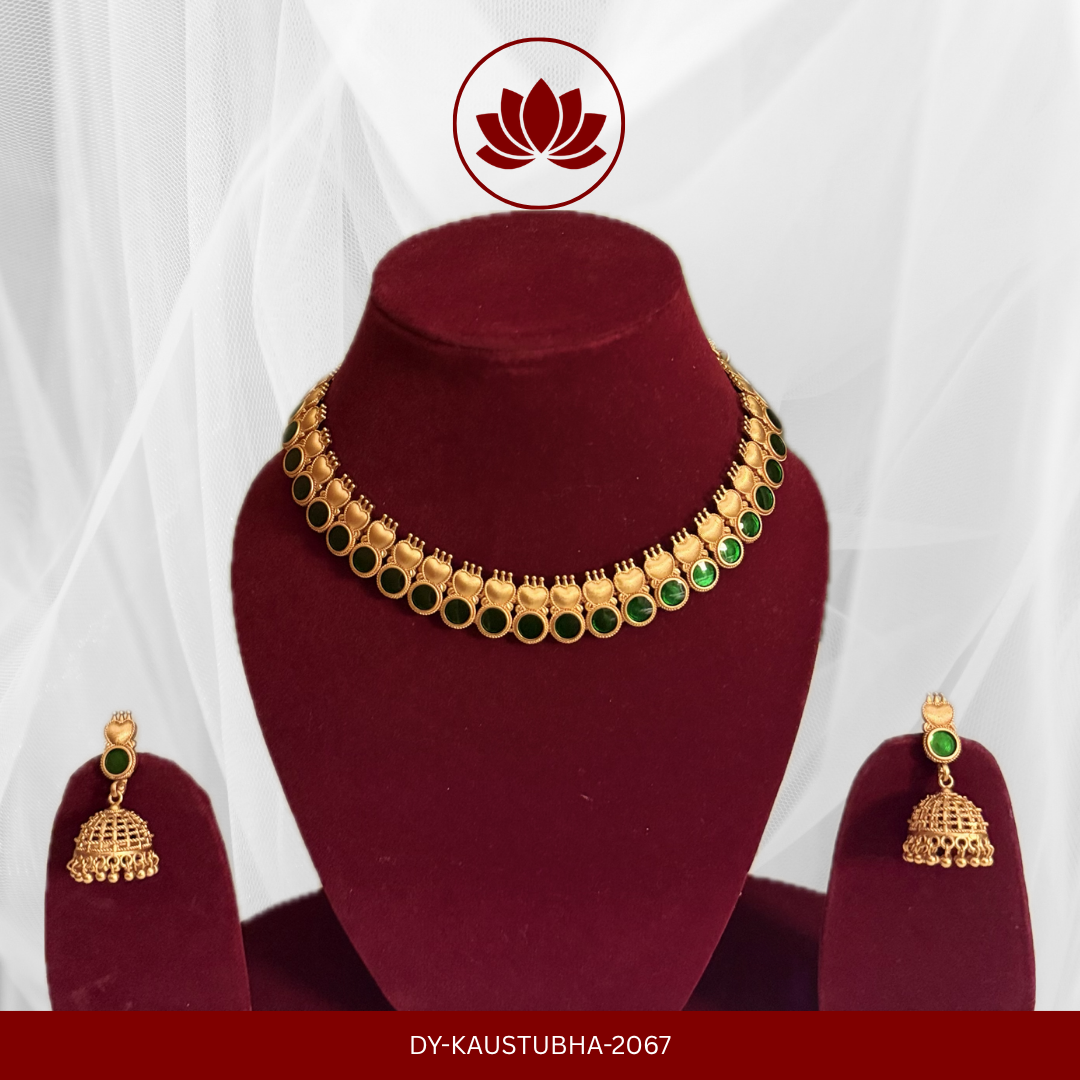 Parampara Series: Traditional Kerala Style Matte Finish Round Green Necklace with Matching Jumka