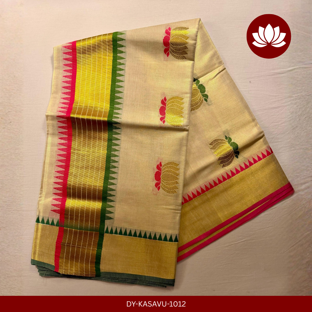Kasavu Series: Kerala Kasavu Saree with Pink and Golden Lotus Motifs