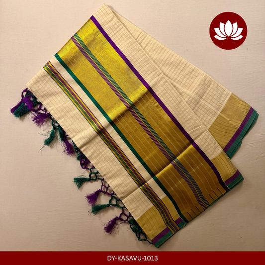 Kasavu Series: Micro Check Green And Violet with Golden Border Saree