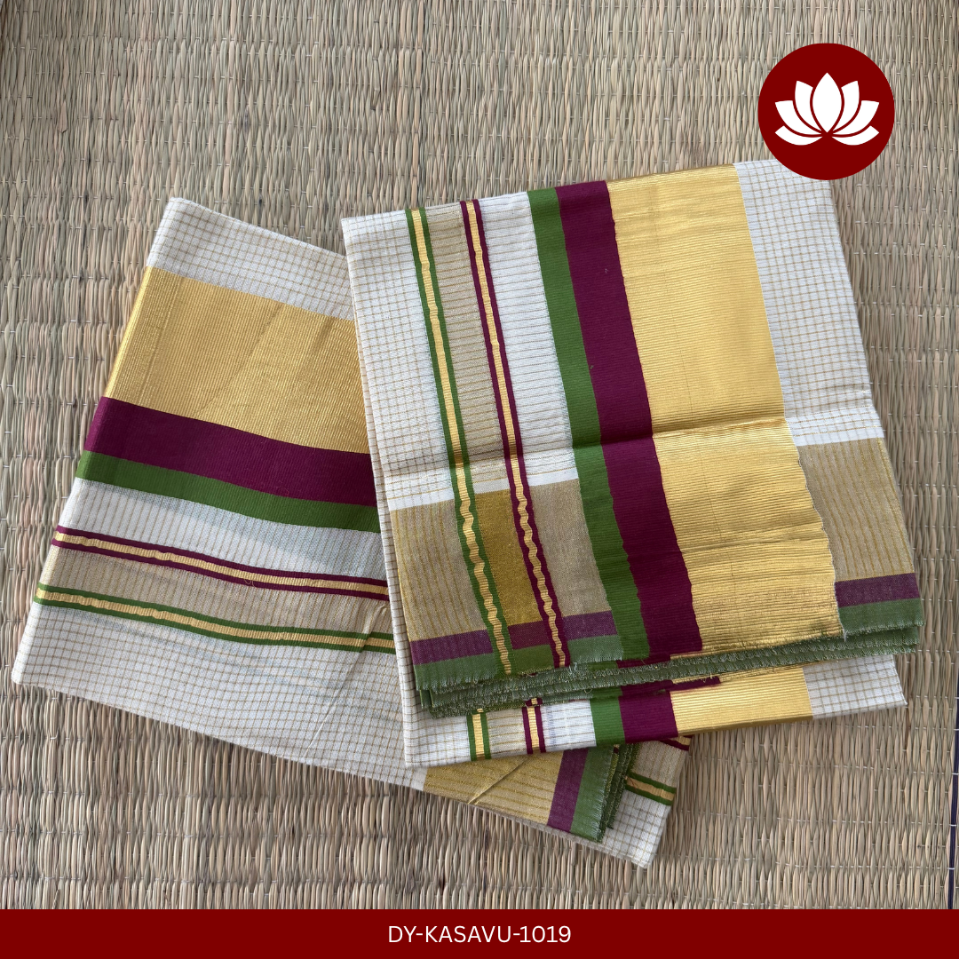 Kasavu Series:Checked Set Mund Violet and Green with Kasavu Border 2.8m