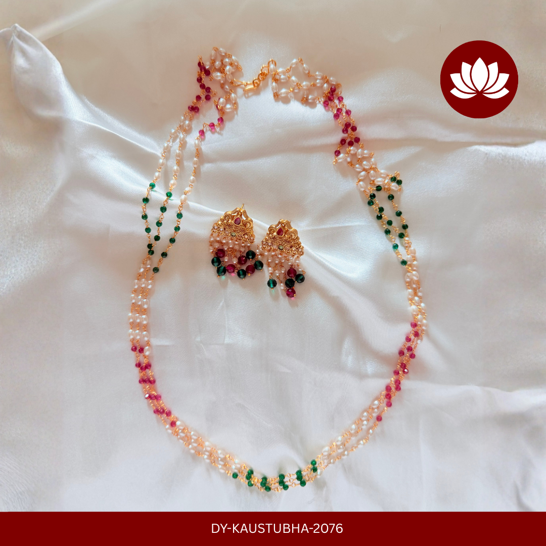 Adhunika Series: Multy Layered White, Green and Red Pearls Haram Necklace with Earrings.