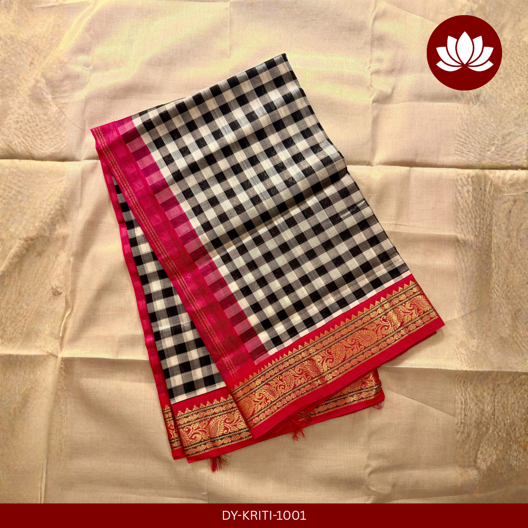 Kriti Series: Black and White Checked Cotton-Silk Saree with Majenta Border