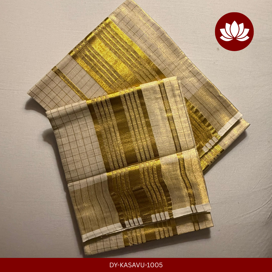 Kasavu Series: 3x6 Tissue Half-inch Fancy Golden Check Kasavu Set Mund Single 2.8m
