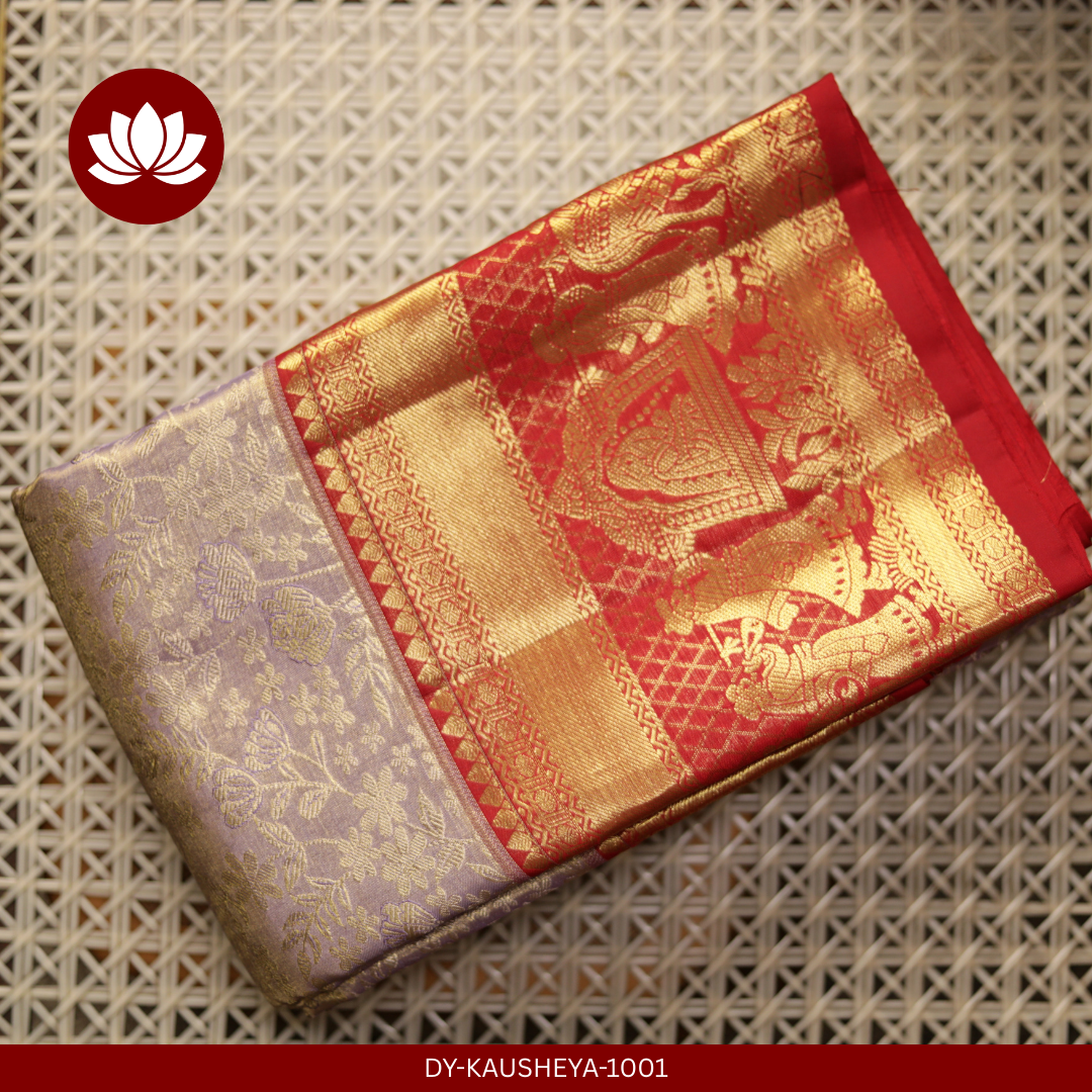  Lilac Silk Tissue Saree with Red Kalyana Border