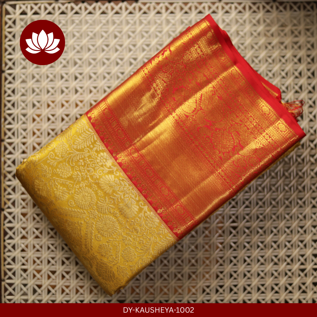  Yellow Silk Tissue Saree with Red Peacock Border