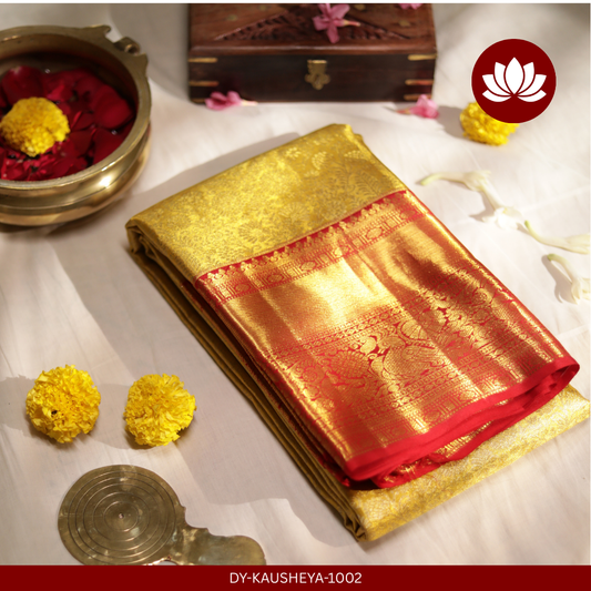 Vivaha Series: Yellow Silk Tissue Saree with Red Peacock Border