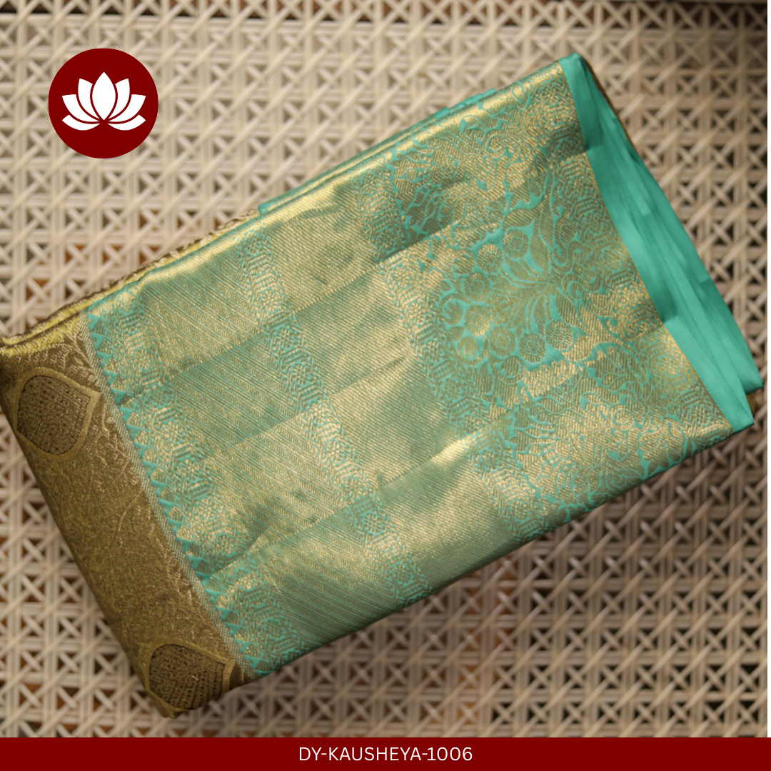  Gold-Green Silk Tissue Saree with Bright Blue Border