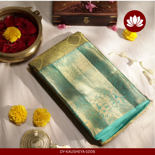Vivaha Series: Gold-Green Silk Tissue Saree with Bright Blue Border