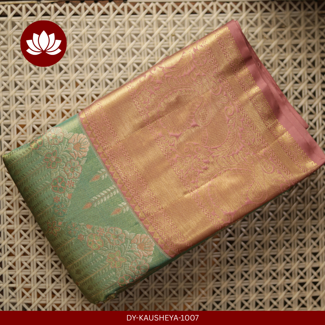  Green Silk Tissue Saree with Lilac Peacock Border