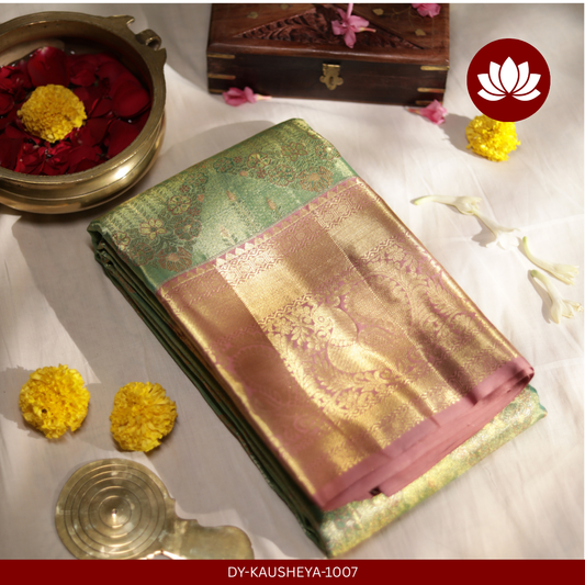 Vivaha Series: Green Silk Tissue Saree with Lilac Peacock Border