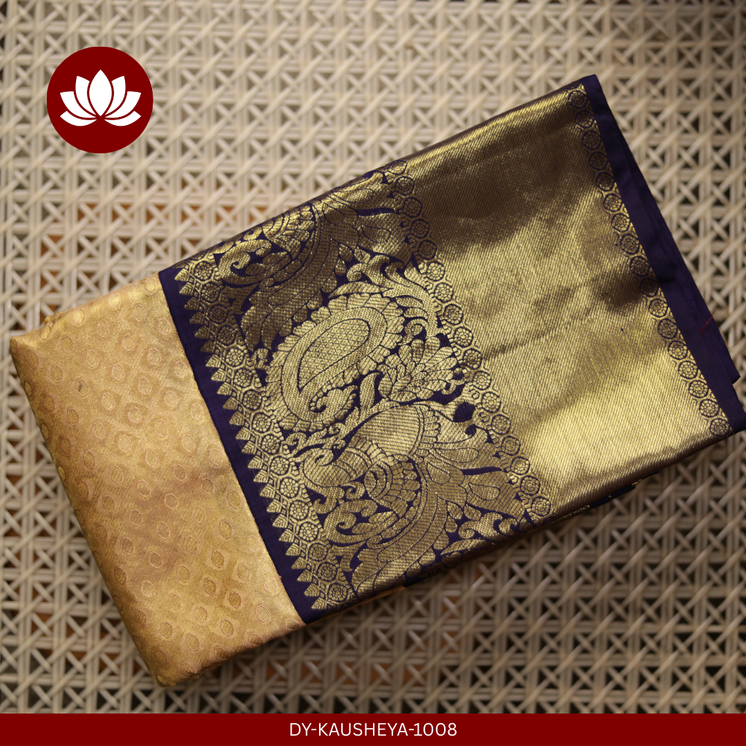  Off-White Silk Tissue Saree with Indigo Peacock Border
