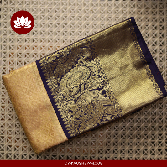 Off-White Silk Tissue Saree with Indigo Peacock Border