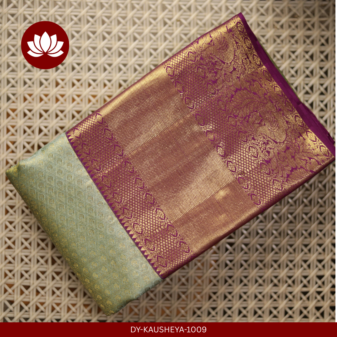  Light Blue Silk Tissue Saree with Purple Peacock Border