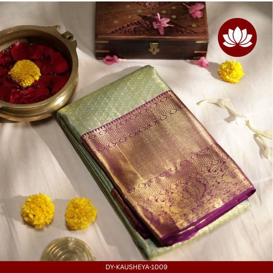 Vivaha Series: Light Blue Silk Tissue Saree with Purple Peacock Border