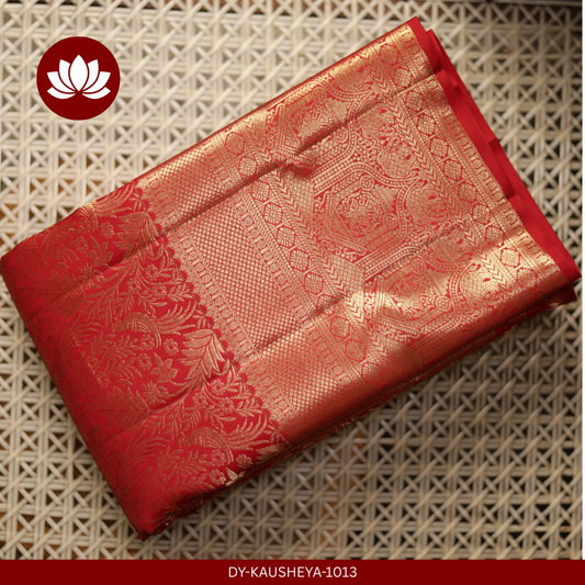  Red Pure Silk Saree with Silver-Gold Border