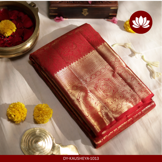 Vivaha Series: Red Pure Silk Saree with Silver-Gold Border