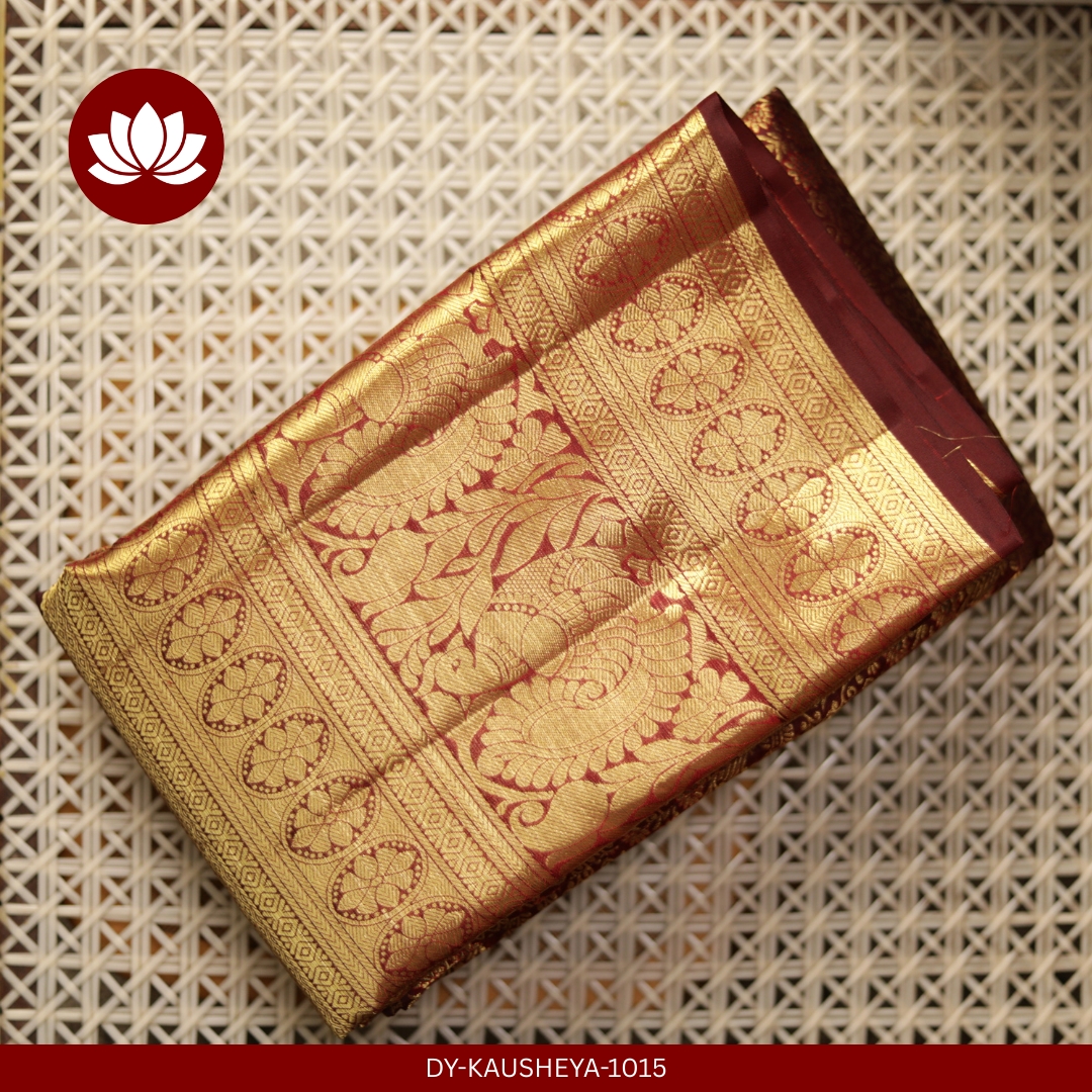  Dark Brown Pure Silk Saree with Heavy Gold Peacock Border
