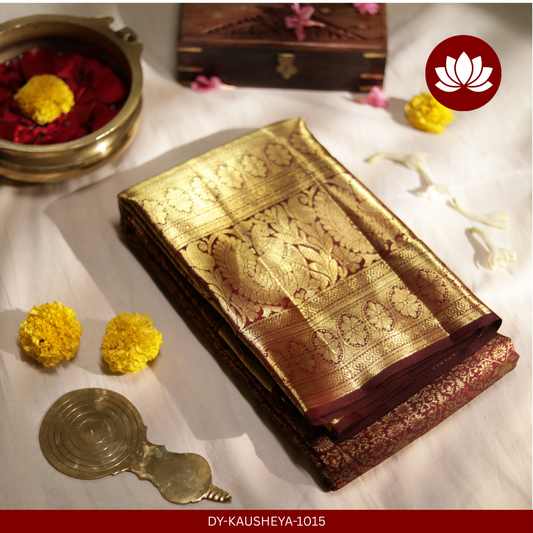 Vivaha Series: Dark Brown Pure Silk Saree with Heavy Gold Peacock Border