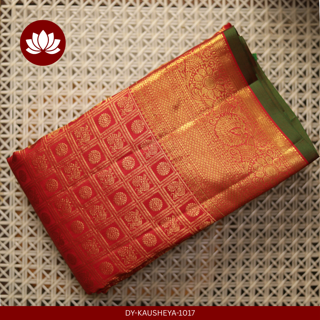  Red Pure Silk Saree with Peacock and Chakra Body