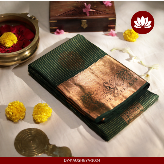 Parampara Series: Dark Green Pure Silk Saree with Bronze-Gold Border