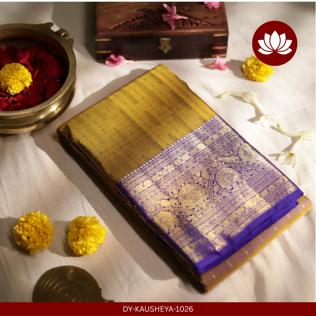 Prachina Series: Olive Green Pure Silk Saree with Clear Blue Border