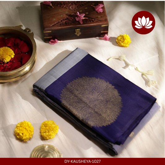 Navya Series: Deep Periwinkle Pure Silk Saree with Thick Indigo Border