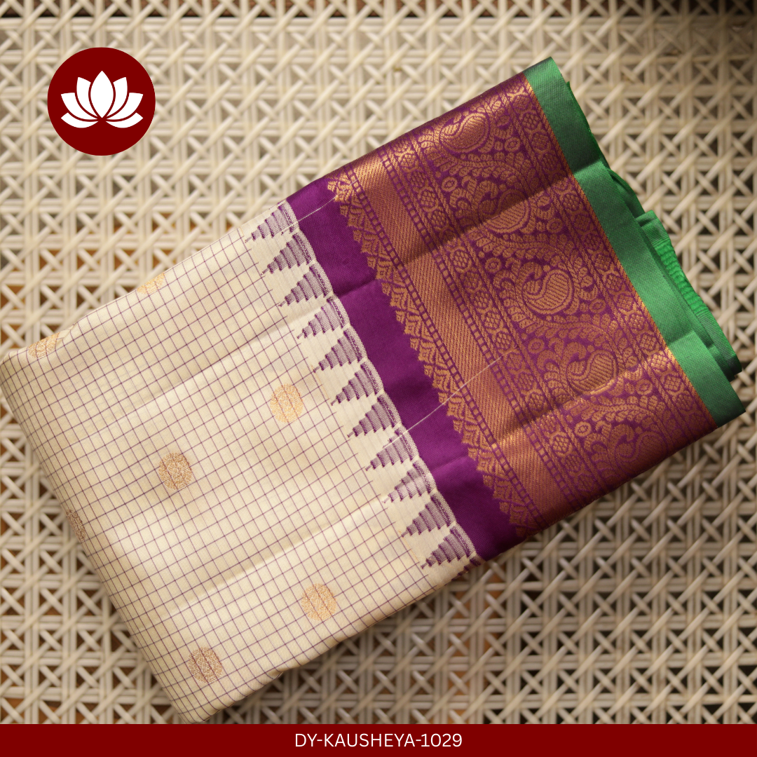  White Pure Silk Saree with Purple Temple Border