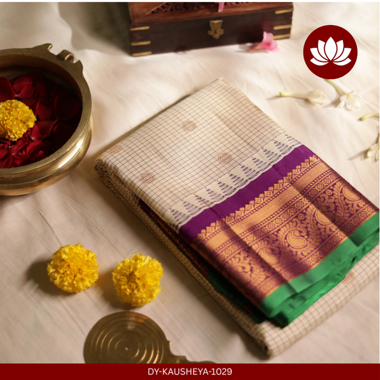Kshetram Series: White Pure Silk Saree with Purple Temple Border