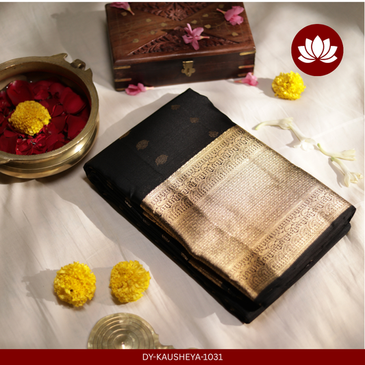 Rachana Series: Black Pure Silk Saree with Bronze-Gold Border