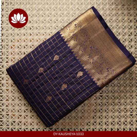  Dark Blue Pure Silk Saree with Bronze-Gold Border