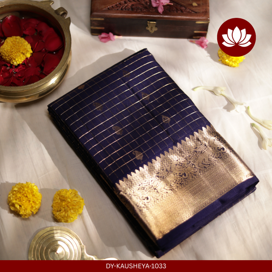 Parampara Series: Dark Blue Pure Silk Saree with Bronze-Gold Border
